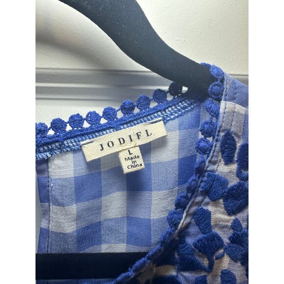 Jodifl Gingham Embroidered Peplum Blouse Cottagecore Spring Floral Top Size L - Picture 4 of 12